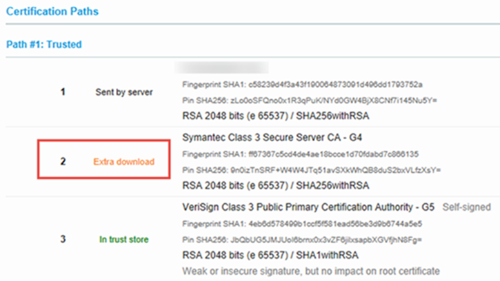 Screenshot che mostra l'elenco dei certificati SSL con errore di download aggiuntivo.