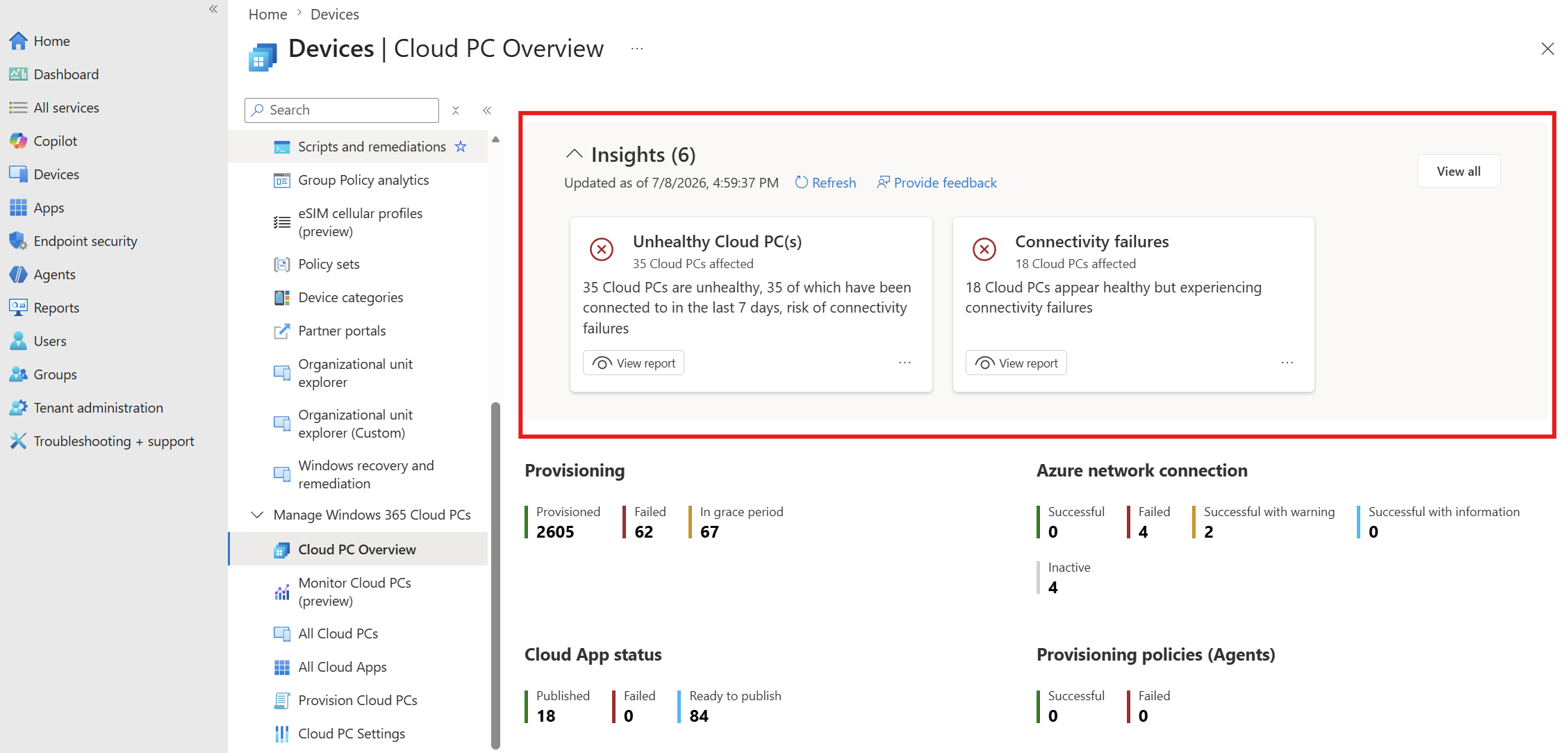 Screenshot che mostra informazioni dettagliate sull'amministratore nella pagina di panoramica del PC cloud.