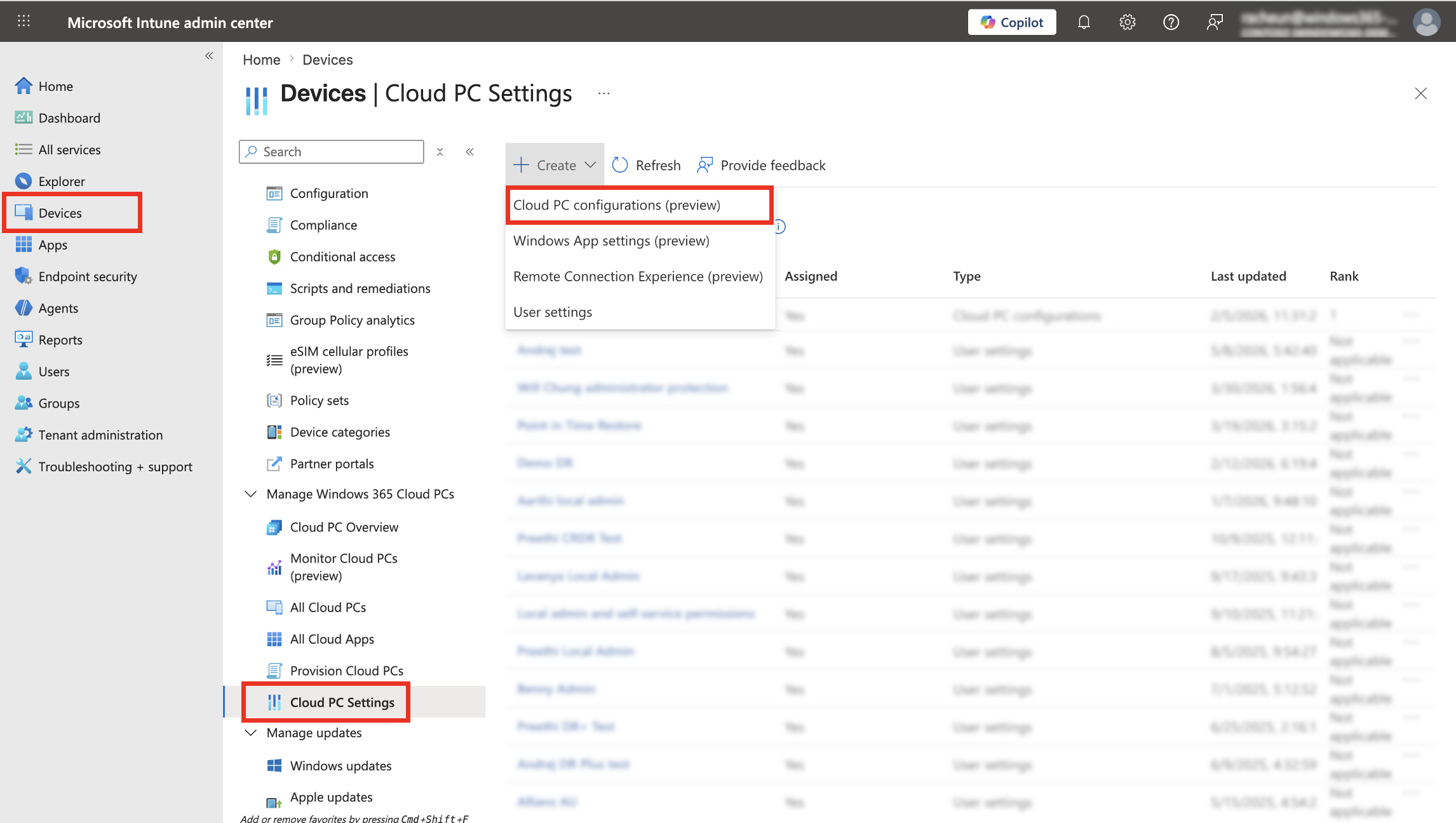 Screenshot che mostra le configurazioni di Cloud PC in Intune.
