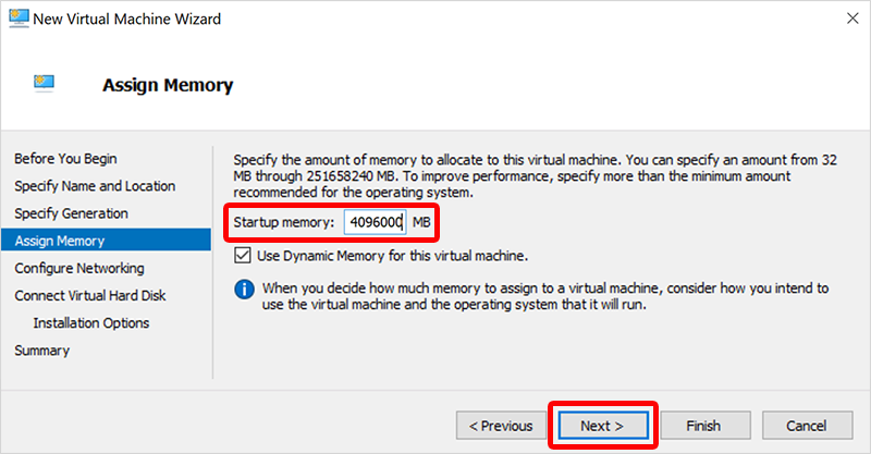 Screenshot di Hyper-V assign memory