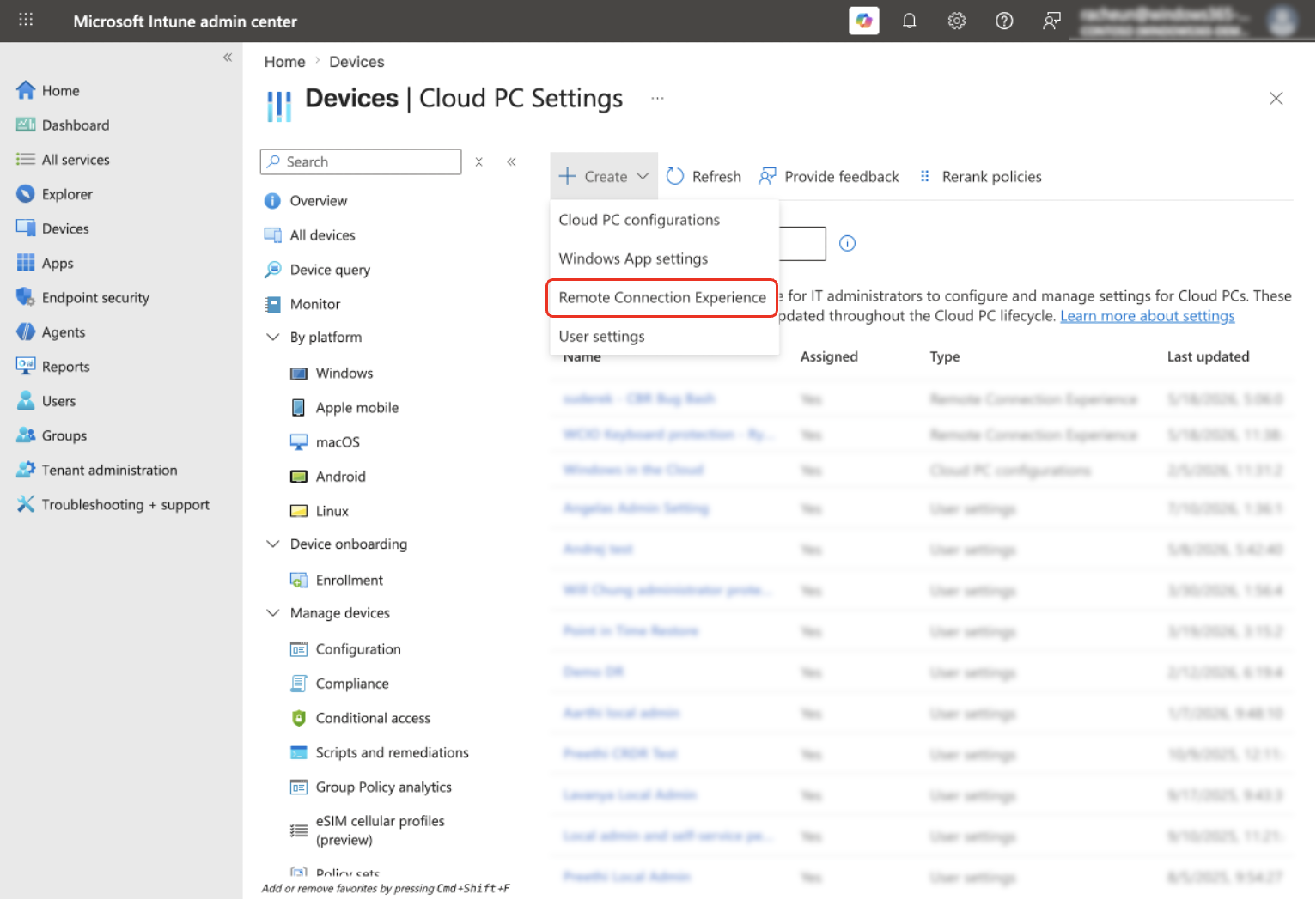 Screenshot che mostra l'esperienza di connessione remota in Intune.