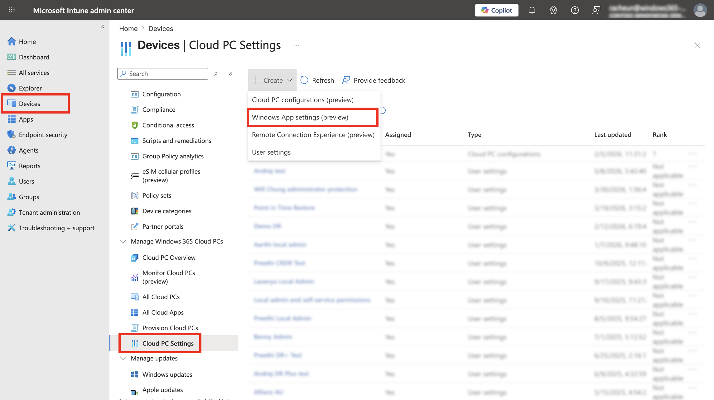 Screenshot che mostra app di Windows impostazioni in Intune.
