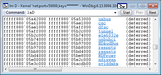 Screenshot dell'output del comando lmD nel debugger.