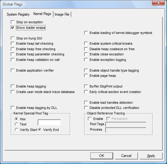 Screenshot della scheda Flag kernel in Windows Vista.