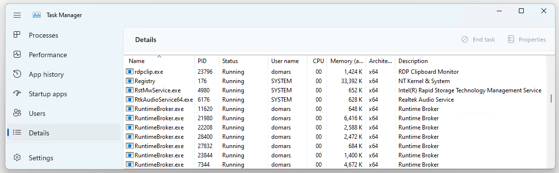 Screenshot di Task Manager in Windows 11, visualizzazione dei numeri di processo ordinati in base al nome utente.