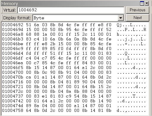 Screenshot di una finestra di memoria di esempio in WinDbg.