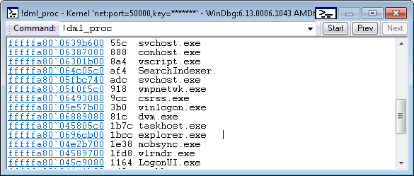 Screenshot di !dml_proc output che mostra un elenco di processi.