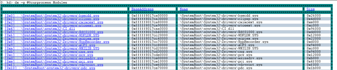 Screenshot dell'output del comando dx -g @$curprocess.modules, che visualizza l'output della griglia a colonne.