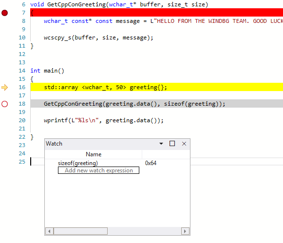 Screenshot di WinDbg che mostra il codice DisplayGreeting con una finestra Espressioni di controllo locali che mostra 0x64.