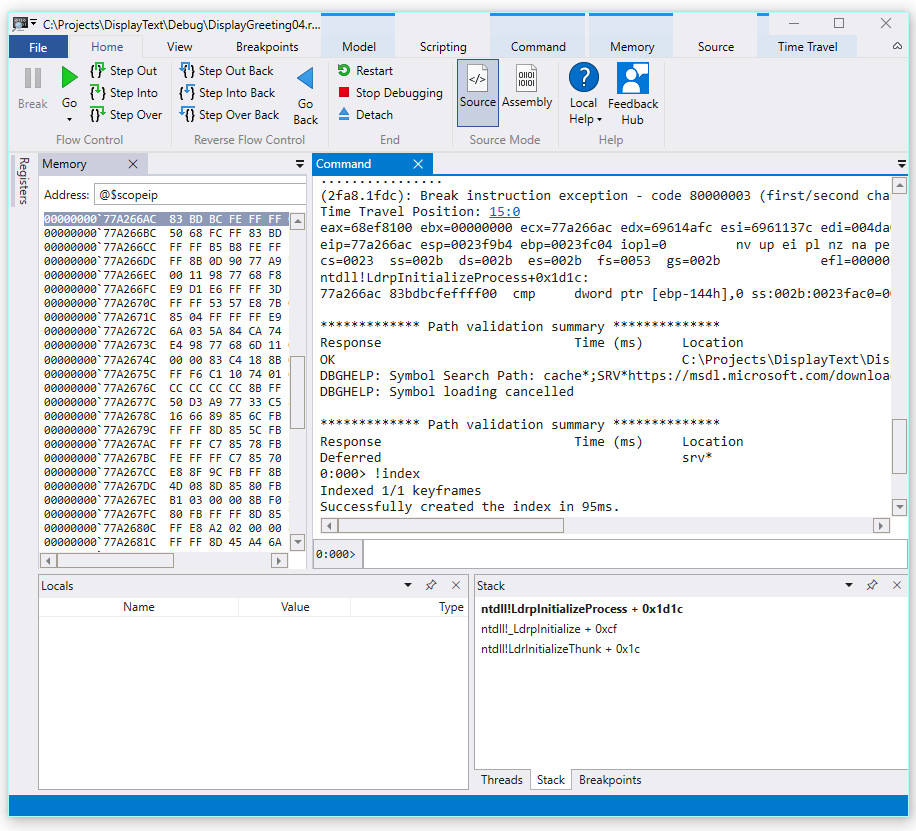 Screenshot dell'output winDbg che mostra 1/1 fotogrammi chiave indicizzati.