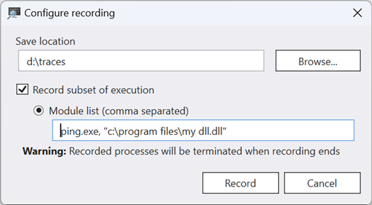 Screenshot della finestra di dialogo Configura registrazione con sottoinsieme di record di esecuzione selezionata e casella di testo elenco modulo.