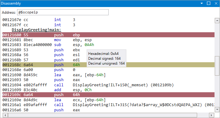 Screenshot della finestra disassembly nel debugger WinDbg.