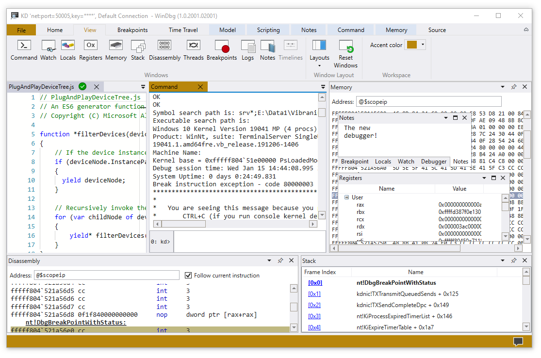 Screenshot della schermata principale nel debugger WinDbg.