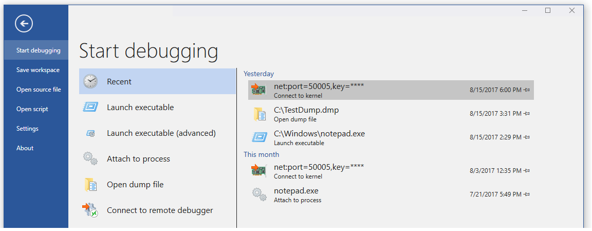 Screenshot del menu di avvio del debug nel debugger WinDbg.
