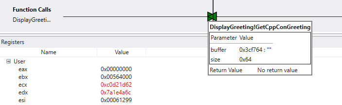 Sequenza temporale nel debugger che visualizza chiamate di funzione e registra la finestra.