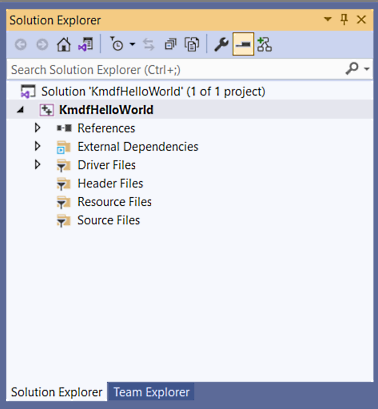 Screenshot della finestra Esplora soluzioni di Visual Studio che mostra la soluzione e il progetto driver vuoto denominato KmdfHelloWorld.
