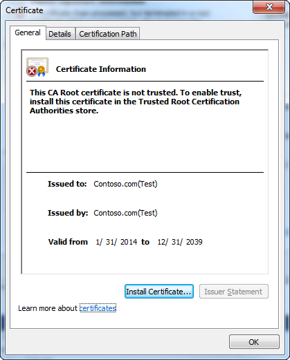 schermata della finestra del certificato con informazioni generali sul certificato contoso.com (test).