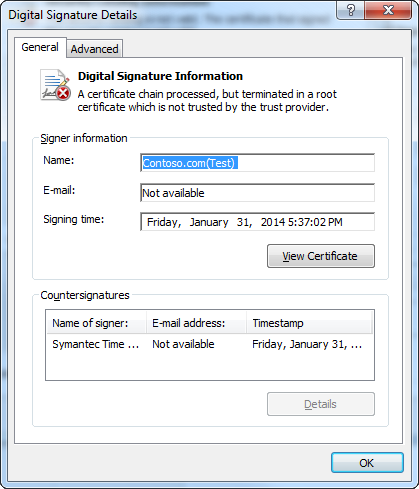screenshot che mostra informazioni generali sui dettagli della firma digitale.