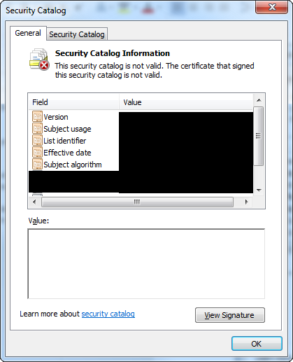 screenshot che mostra informazioni generali del file del catalogo di sicurezza.