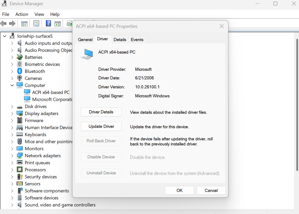 Screenshot che mostra le proprietà del driver PC basato su ACPI x64.