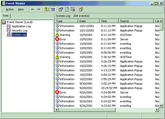 screenshot della finestra principale del visualizzatore eventi.