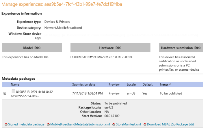 Screenshot della pagina Gestisci esperienze nel dashboard hardware di Windows Dev Center.