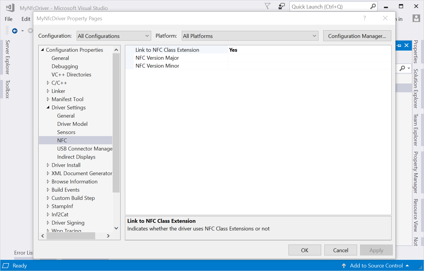 Finestra di dialogo di Visual Studio: Pagine delle proprietà MyNfcDriver, con la funzione 
