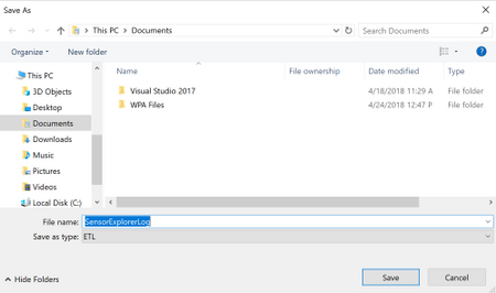 Screenshot della finestra di dialogo Salva con nome del log SensorExplorer.