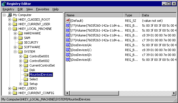 screenshot che illustra come vengono visualizzati i nomi persistenti nella chiave del Registro di sistema mounteddevices.