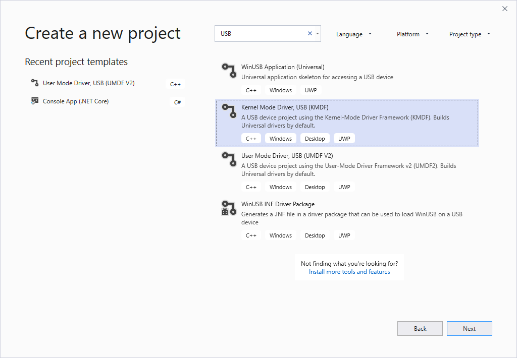 Visual Studio nuove opzioni di progetto.