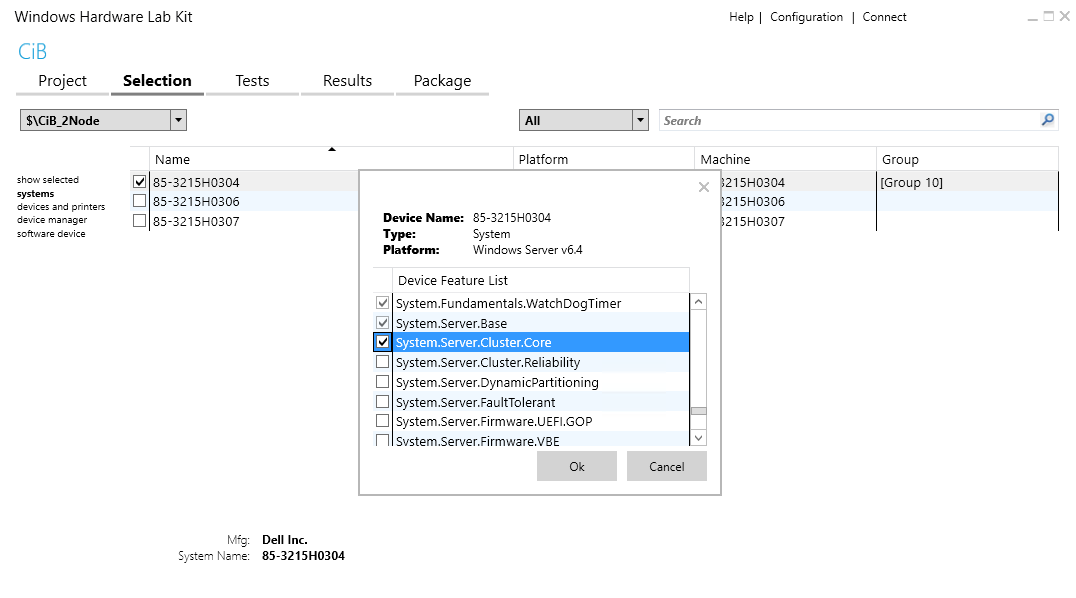 Screenshot di HLK Manager che mostra il menu di scelta rapida con System.Server.Cluster.Core selezionato