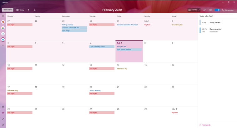 App Calendario nuova e migliorata per Windows 10, che mostra una visualizzazione calendario di febbraio 2020.