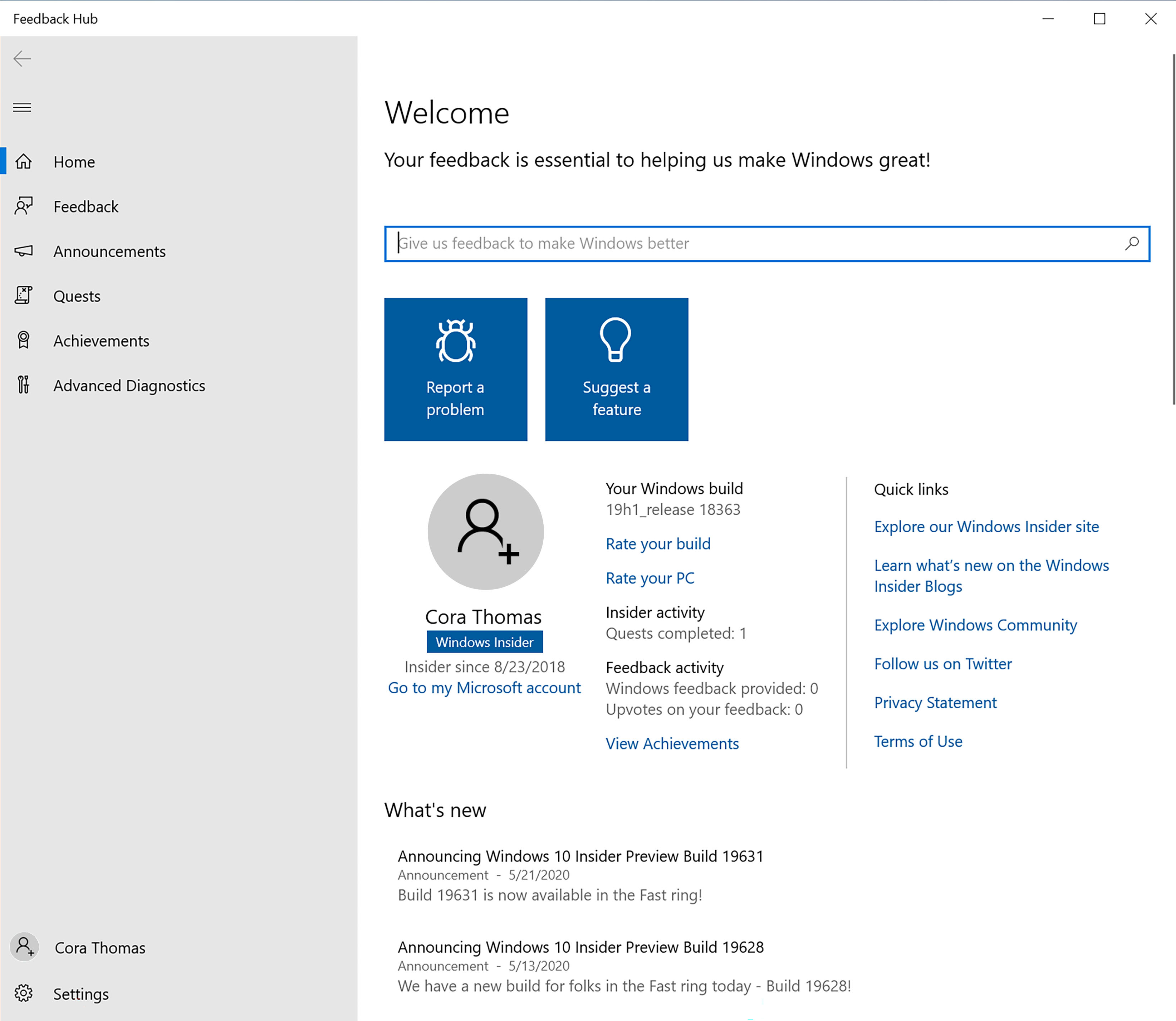Aprire l'Hub di Feedback - Windows Insider Program | Microsoft Learn