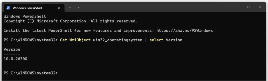 Screenshot che mostra Windows PowerShell eseguire questo comando per controllare la versione, evidenziando che si sta usando la build 26300.
