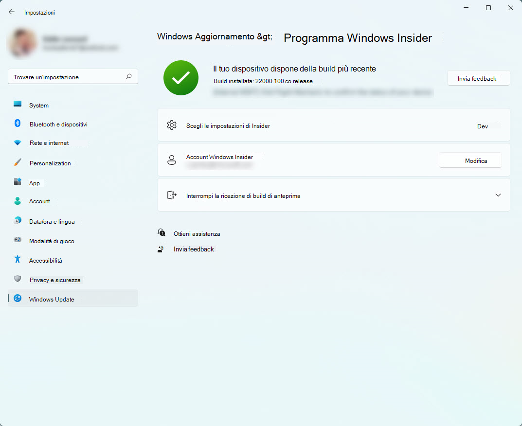 La sezione del programma Windows Insider in Impostazioni che mostra il canale e l'account Insider associati al dispositivo.