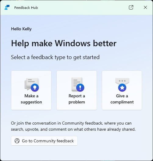 Screenshot che mostra la nuova esperienza di feedback incentrata.