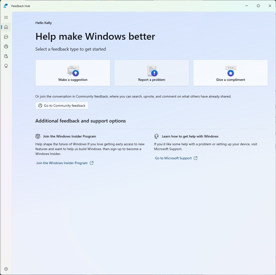 Screenshot che mostra la nuova home page dell'hub di feedback in cui è possibile inserire suggerimenti, problemi o complimenti.