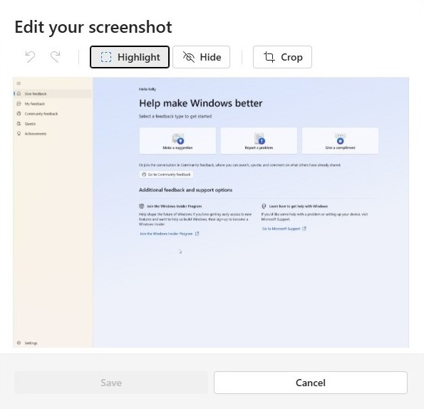 Screenshot che mostra gli strumenti di modifica dello screenshot con opzioni per evidenziare, nascondere o ritagliare.