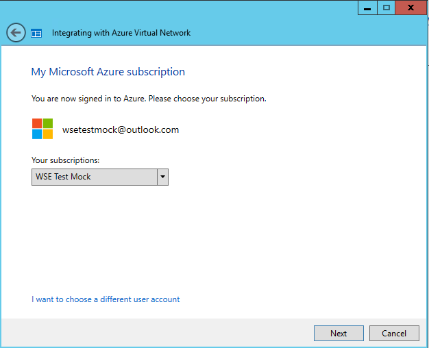 Screenshot che mostra la pagina My Microsoft Azure Subscription (Sottoscrizione di Microsoft Azure personale) della procedura guidata Integrazione con rete virtuale di Azure.