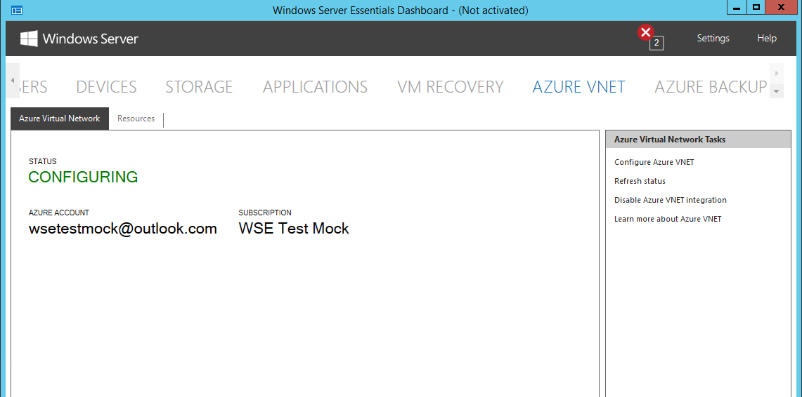 Screenshot che mostra la pagina della rete virtuale di Azure del dashboard di Windows Server Essentials. La scheda Rete virtuale di Azure è selezionata e mostra lo stato configurazione.