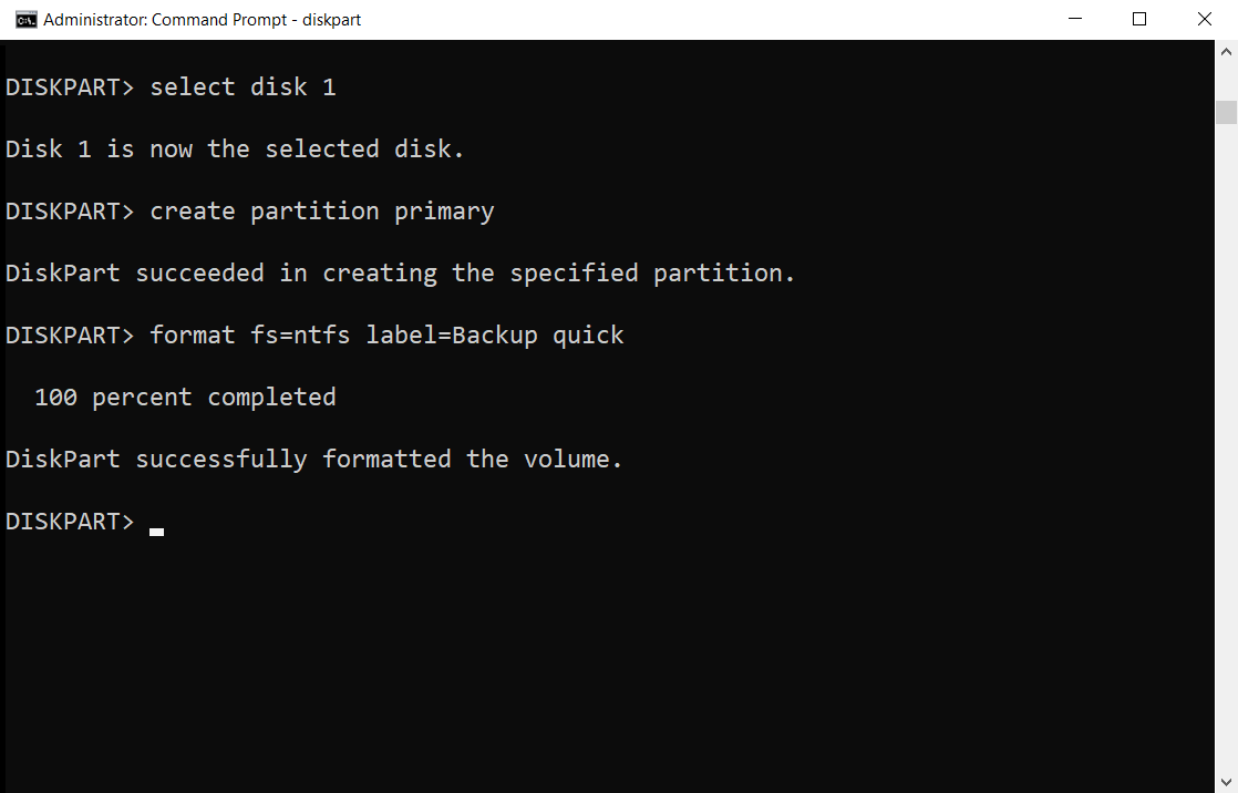 Screenshot of diskpart showing how to create a partition and formatting the drive.