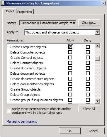 Screenshot che mostra l'opzione Crea oggetti computer impostata su Consenti. 