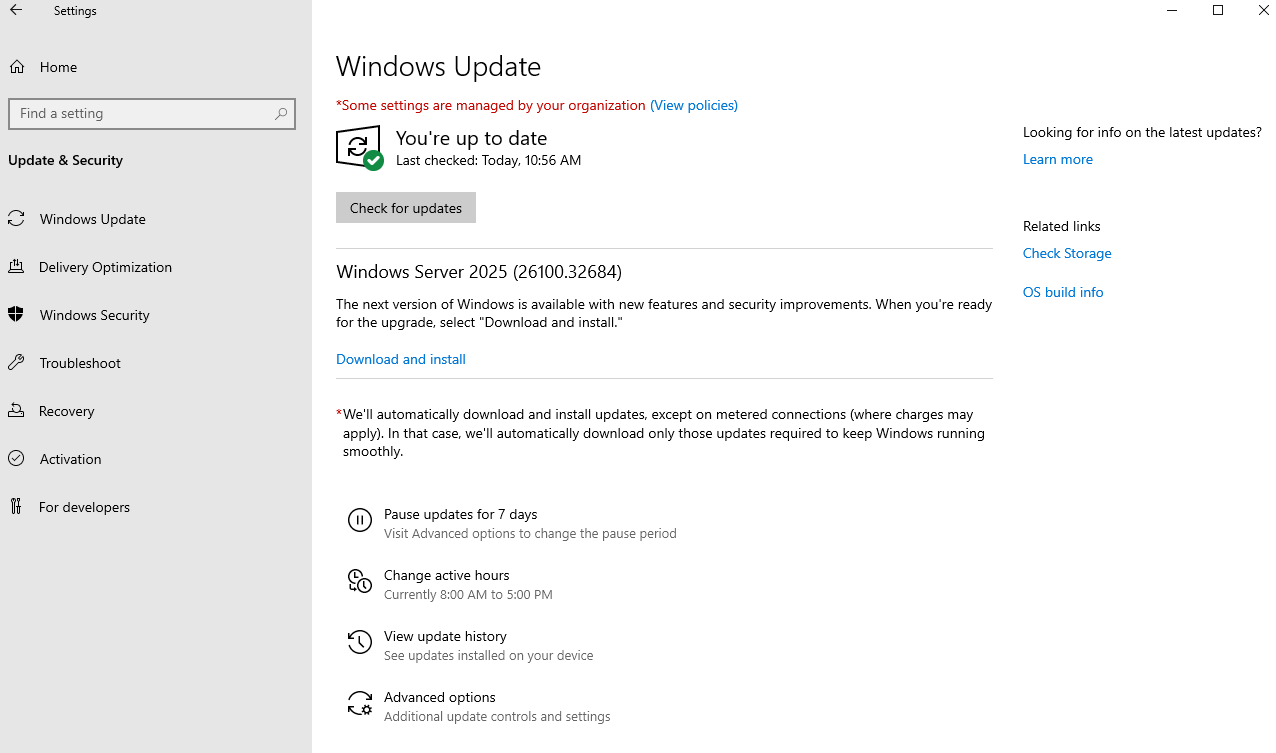 Screenshot della pagina delle impostazioni di Windows Update che mostra l'aggiornamento delle funzionalità Windows Server 2025 disponibile con un collegamento Download e installazione.
