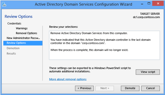 Active Directory Domain Services Configuration Wizard - Review Options