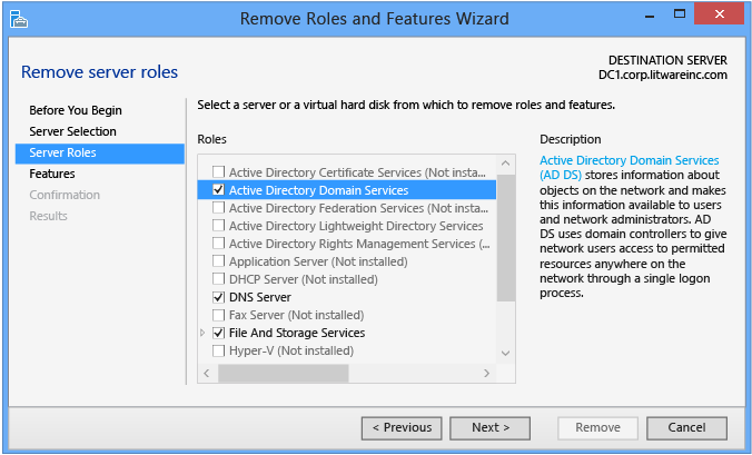 Remove Roles and Features Wizard - Select roles to remove