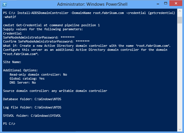 Screenshot of a terminal window that shows using the optional Whatif argument with the Install-ADDSDomainController cmdlet.