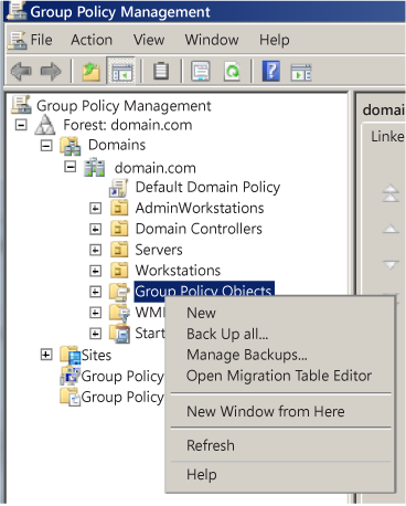 Screenshot of the Group Policy Management console window, showing the 