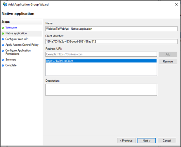 Screenshot della pagina Applicazione nativa della Procedura guidata Aggiungi Gruppo di Applicazioni che mostra l'URI di reindirizzamento.
