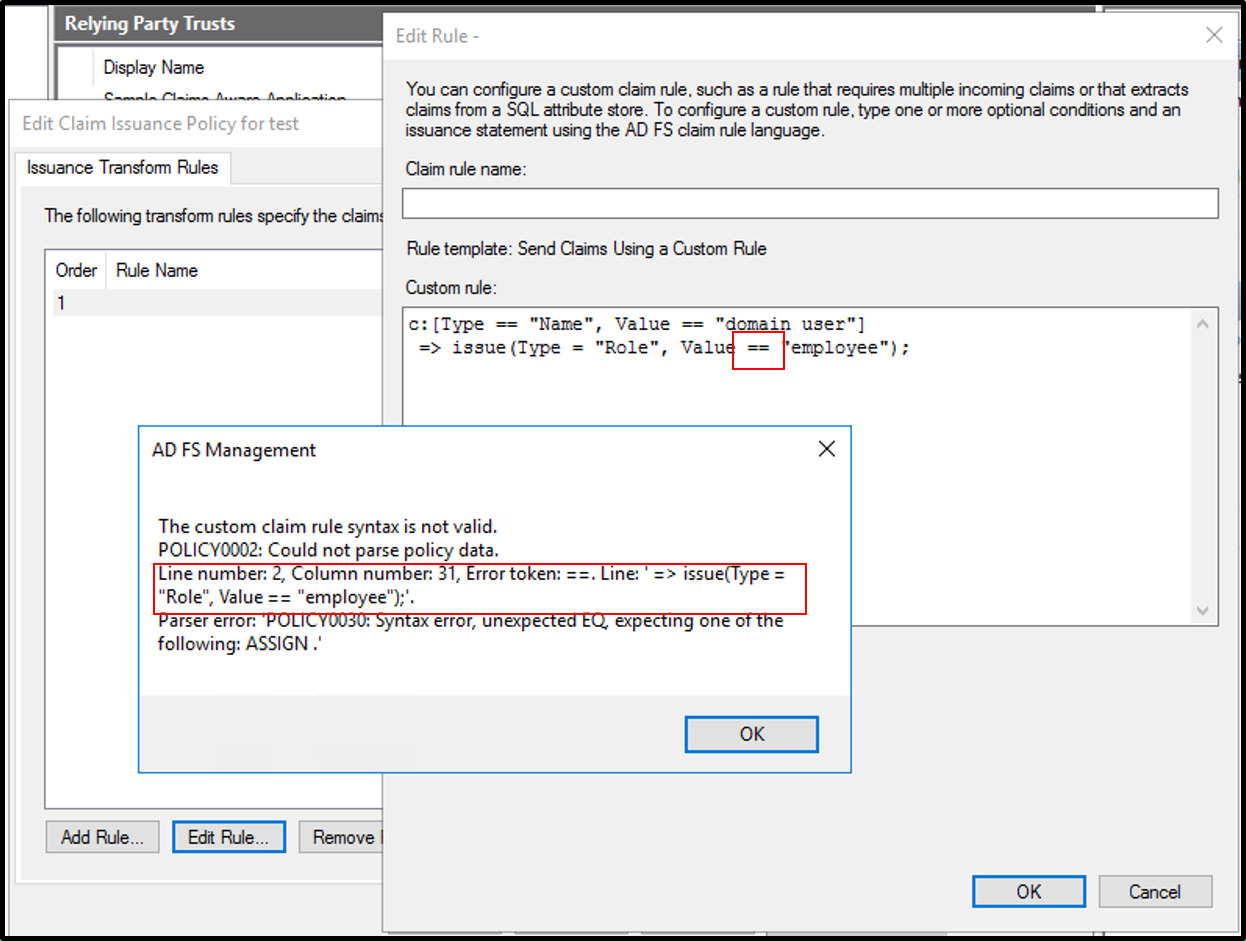 Screenshot of the A D F S Management dialog box showing a message stating that the custom claim rule syntax is not valid.