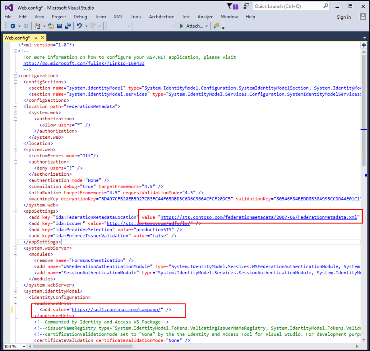 Screenshot of Visual Studio showing the web config file.